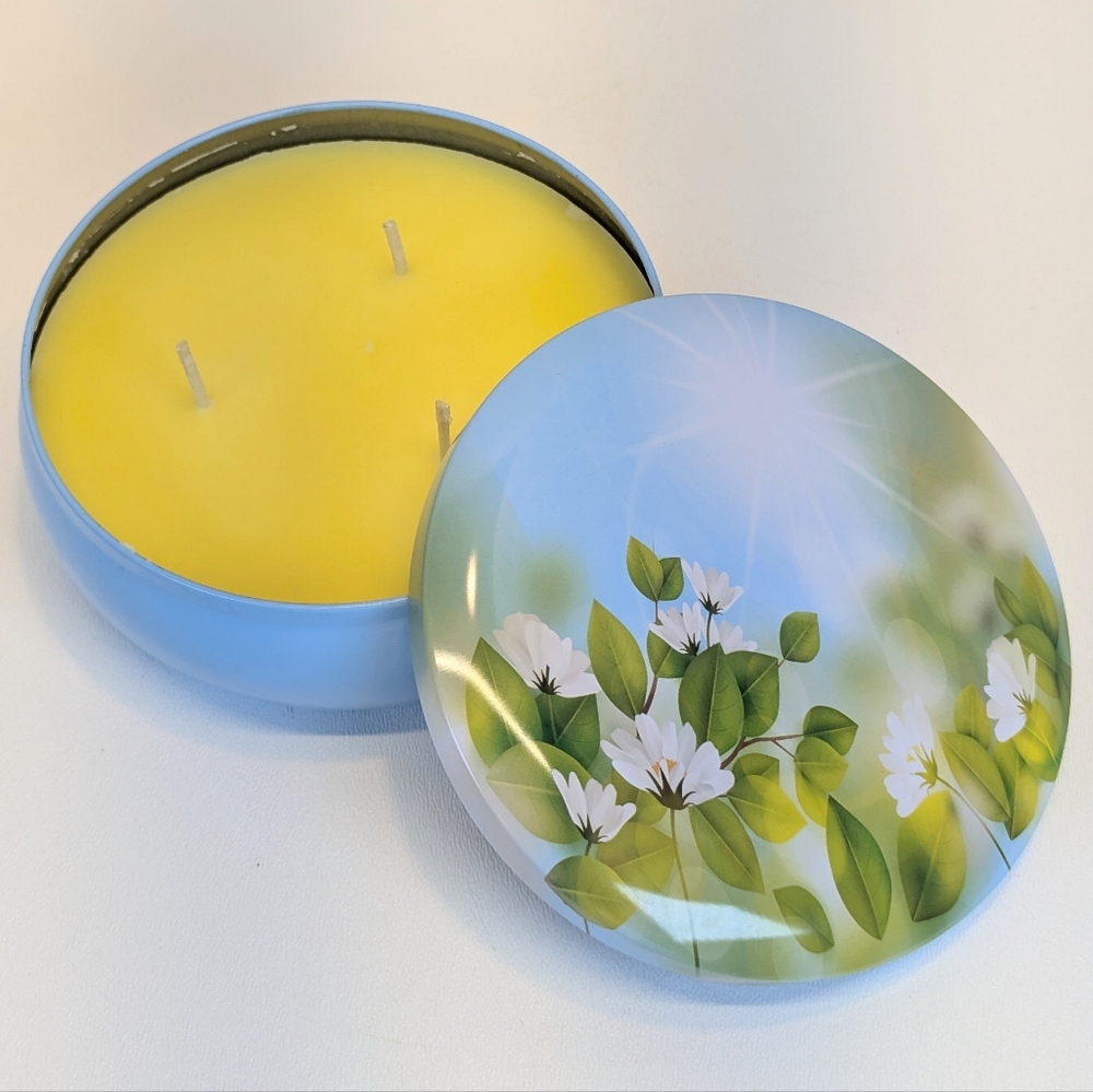Citronella Soy Wax Candle Blue Floral Design Tin 12oz